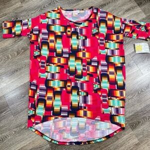 Lularoe Blouse Women XXS Tunic Red w/ Black Green Irma Geometric Block NWT Hi-Lo